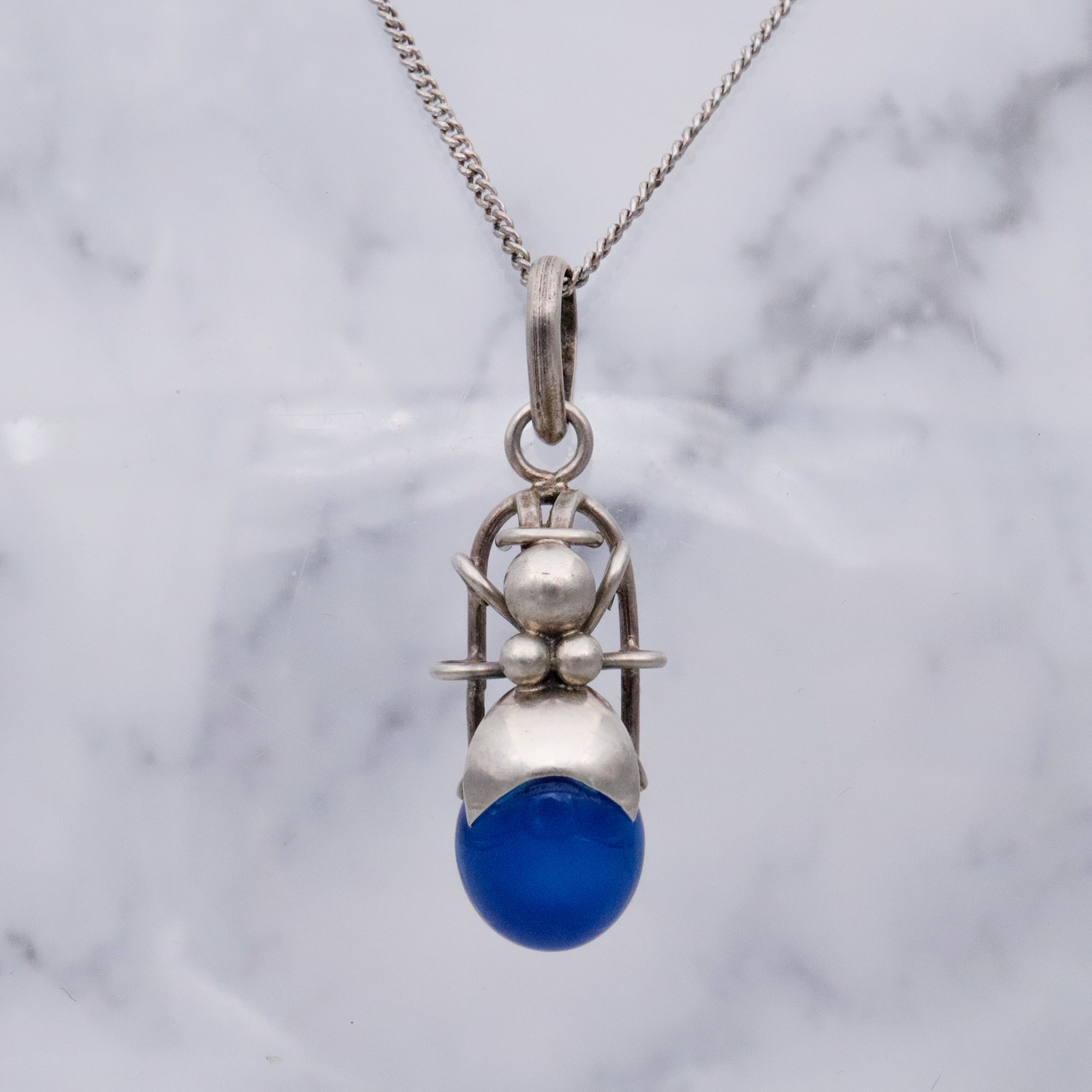 Vintage sterling blue chalcedony beetle bug pendant